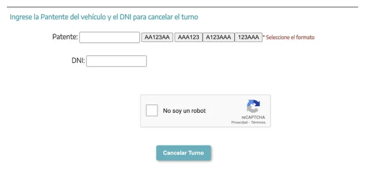 Pantalla para cancelar el turno de la VTV en Lanús con patente y DNI