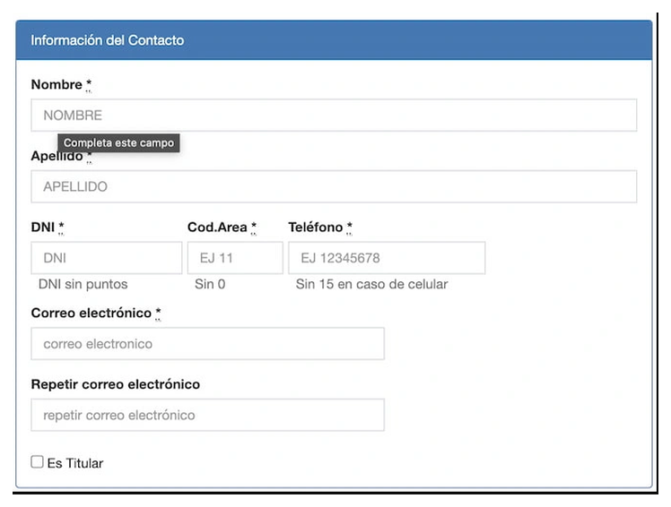 Paso 2 para sacar turno de la VTV en Lanús: información del contacto